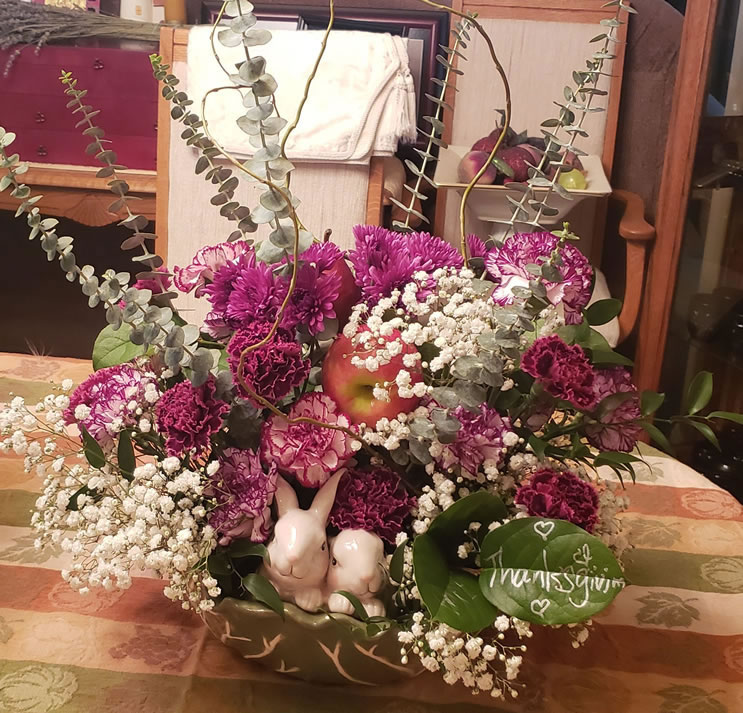 Thanksgiving Bunny Centerpiece Cardation Salal Mum Gyp Italian Ruscus Eucalyptus Curly Willow Honeycrisp Apple DAnjou Pear